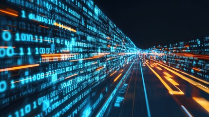 Poster - Digital data flow on road with motion blur to create vision of fast speed transfer . Concept of future digital transformation , disruptive innovation and agile business methodology . -