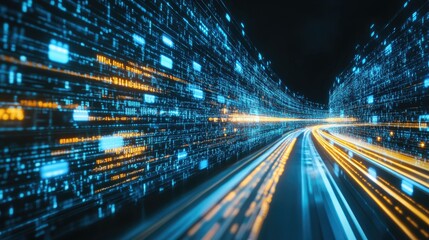Poster - Digital data flow on road with motion blur to create vision of fast speed transfer . Concept of future digital transformation , disruptive innovation and agile business methodology . -