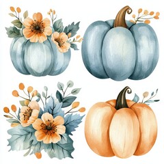 Canvas Print - A set of pumpkins with floral patterns and leaves isolated on white background. Fresh harvest of organic vegetables. Happy Halloween and Thanksgiving Day. Watercolor rustic style. Cozy autumn image.