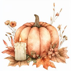 Sticker - Farm organic vegetables, fresh harvest, happy Halloween and Thanksgiving Day. Watercolor rustic style. Cozy autumn concept. Beautiful pumpkin with floral pattern isolated on white background.