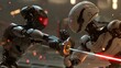 © sarana - Robot Fencer in Duel: A nimble robot fencer engaging in a fast-paced duel, sword raised.