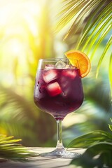 Poster - An iced sangria with red wine on a sunny terrace in a hotel, bar, or restaurant surrounded by tropical scenery. Travel and vacation concept for menus and banners.