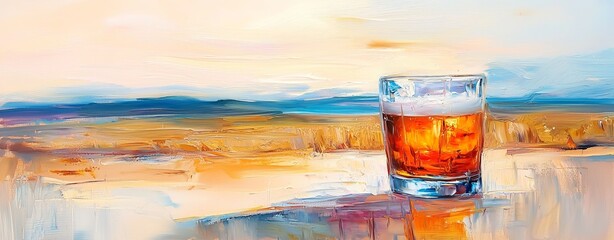 Poster - Beer glass and wheat fields. International Beer Day. Peterborough Beer Festival and Oktoberfest. Background with copy space.