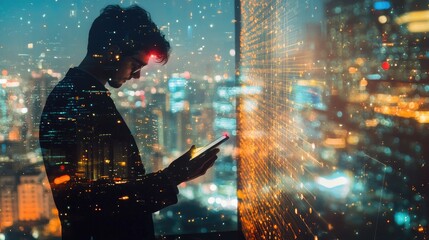 Poster - Double exposure of businessman using smart phone at office with city night background, network connection concept -