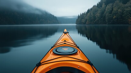 Canvas Print - Kayak on a calm lake surrounded by misty forested mountains, view from the bow of the kayak