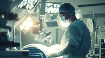 Wall Mural - Focused surgeon performing a precise medical procedure in a modern operating room environment under bright surgical lights