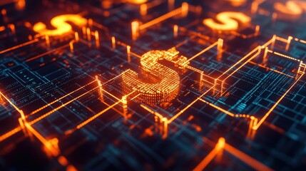 Poster - Dynamic 3D financial network with glowing interconnected currency symbols and a high-tech look.
