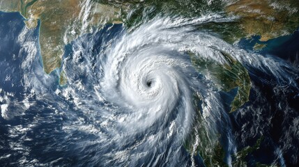 It emphasizes the intense dynamics of weather events by depicting a super typhoon over the ocean as a severe tropical storm