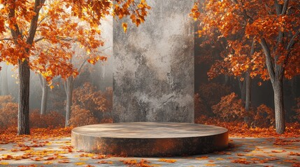 Wall Mural - Autumn Forest with Stone Pedestal and Vibrant Orange Leaves in a Misty Morning Light