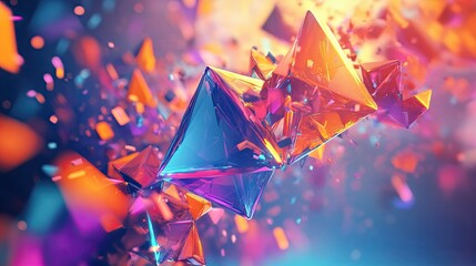 Poster - Dynamic 3D rendering of energetic polygonal shapes in motion with vibrant colors.