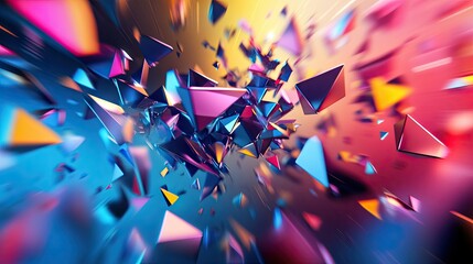 Poster - Dynamic 3D rendering of energetic polygonal shapes in motion with vibrant colors.