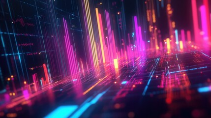 Poster - Dynamic abstract 3D financial graph with intersecting lines and bars in vibrant colors.