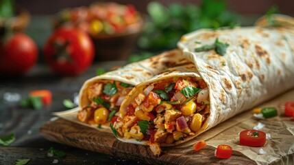 Canvas Print - A freshly rolled burrito topped with vegetables and spices, ready for serving.