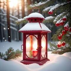 Wall Mural - Red vintage glowing lantern surrounded by snow-covered pine branches and red berries, casting a warm light onto the snow below. 
AI generated.