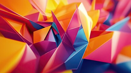Poster - Energetic 3D design with moving polygonal shapes in vibrant colors, creating a lively dynamic feel.