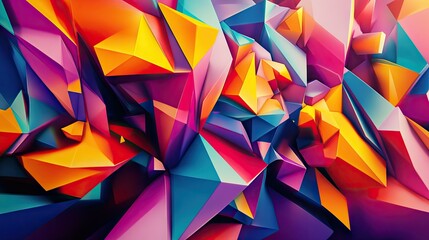 Poster - Energetic 3D design with moving polygonal shapes in vibrant colors, creating a lively dynamic feel.