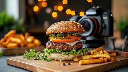 Poster - Close-up of a juicy cheeseburger with lettuce, tomato, and pickles on a sesame seed bun, with fries and a camera in the background.