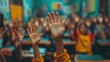 © MINDEYEVISION - A classroom scene with a focus on students' hands raised across the entire class, with a blackboard in the background. The image captures the moment of active participation, with the blackboard