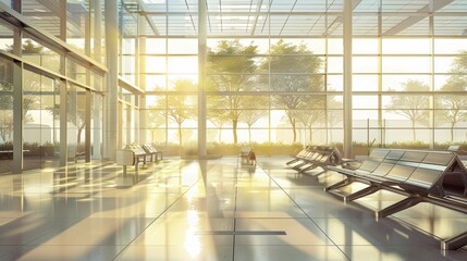 Airport pick-up and drop-off area with high security system, natural light through large glass windows.