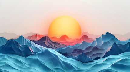 3d flat icon: sunrise and moonrise over mountains concept timelapse view against whimsical backgroun