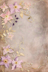 Wall Mural - Vertical floral background in golden tones with blank space, backdrop with flowers, copyspace, top view