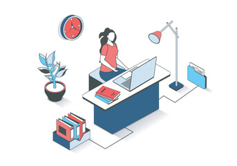 Aufkleber - Business office 3d isometric concept with isometry people design for web. Woman working at laptop while sitting at desk, doing paperwork and making routine tasks in workflow. Vector illustration.