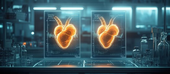 Wall Mural - Futuristic Medical Lab with Holographic Heart Projections and Advanced Technology Equipment