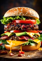 Wall Mural - vibrant close towering burger masterpiece luscious toppings colorful ingredients showcasing appetizing layers, delicious, fresh, lettuce, tomato, cheese