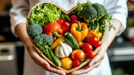 Fresh veggies arranged in a heart-shaped dish held by a nutritionist's hand.