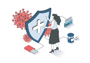 Aufkleber - Coronavirus 3d isometric concept with isometry people design for web. Woman making prevention vaccination and has immunity from virus illness, using drugs, following prescription. Vector illustration.