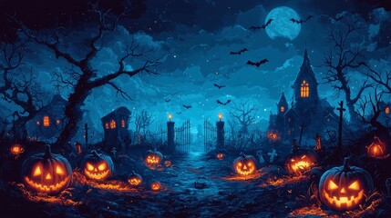 Sticker - The path to an eerie moonlit forest is lit by magical Jack O'Lanterns for Halloween