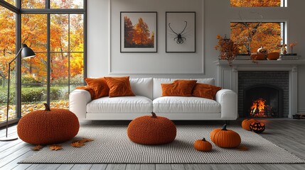 Leinwandbilder - 3D rendering magic for Halloween Elegance: Step into a modern white interior with a breathtaking backyard view!