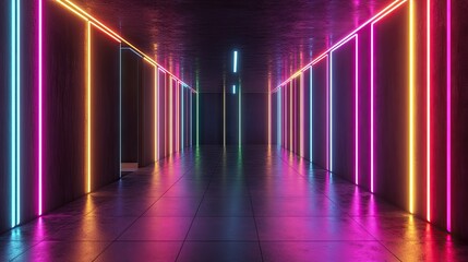 Poster - Futuristic 3D rendering of a room with black walls and multicolored neon lights.