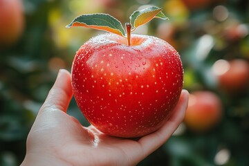 Wall Mural - Freshly picked red apple held in a hand with droplets of water at a sunny orchard