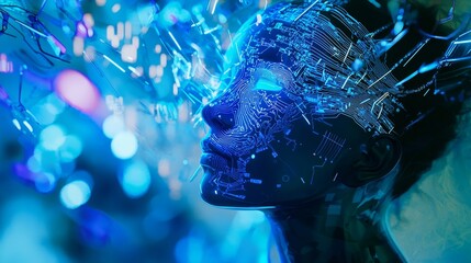Poster - Stock computer head taken from the side with glowing lines and data