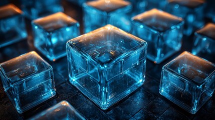Leinwandbilder - Transparent blue cubes form a dynamic structural background in three dimensions