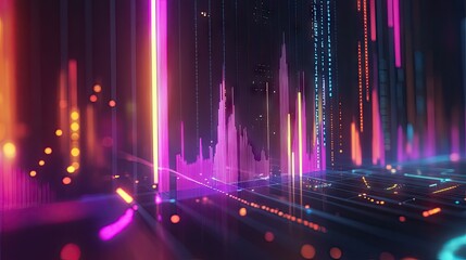 Poster - Geometric abstract 3D financial graph with dynamic shapes and glowing data indicators.