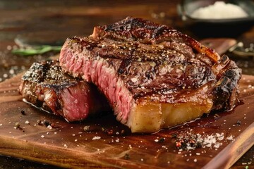 Succulent Medium Rare Ribeye: Juicy Steak with Rosemary and Peppers on a Wooden Board