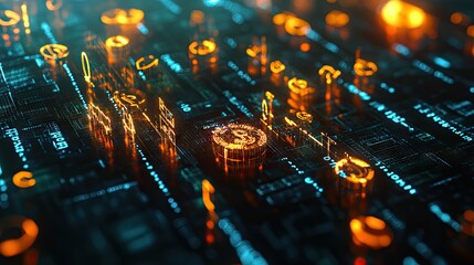 Poster - Glowing 3D financial network featuring interconnected currency symbols in a dynamic layout.