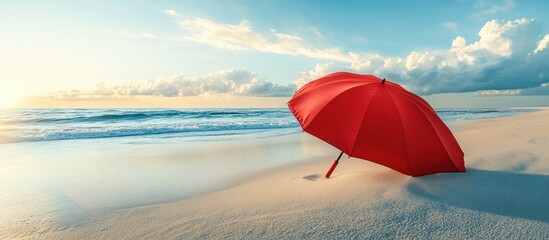 Wall Mural - Red Umbrella on a Sandy Beach