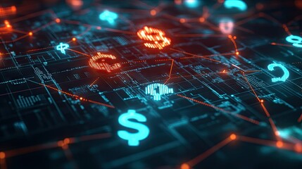 Poster - Glowing 3D financial network with interconnected dollar, euro, and yen symbols in a digital space.