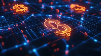 Poster - Glowing 3D financial network with interconnected dollar and euro symbols, creating a vibrant web.