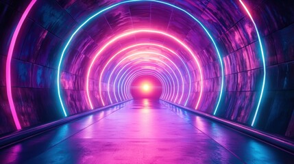 Wall Mural - A mesmerizing tunnel illuminated by vibrant neon lights in pink and blue, creating a captivating and futuristic ambiance.