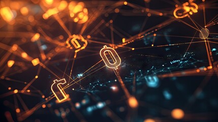 Poster - Glowing 3D financial network with interconnected dollar, euro, and yen symbols in a digital space.