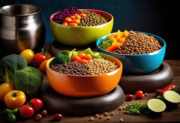 vibrant pet food bowls showcasing fresh ingredients eye catching display colorful arrangement textures, dishes, healthy, meals, modern, design, ceramic