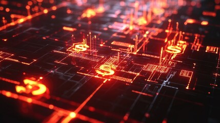 Poster - Glowing 3D financial network with interconnected currency symbols and a futuristic design.