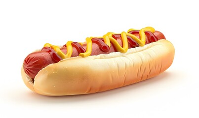 Delicious hot dog with ketchup and mustard, isolated on white background. 