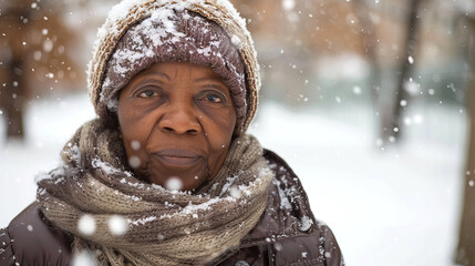 Wall Mural - Elderly African American Woman in Warm Winter Clothing Standing Outside in Falling Snow. Concept of Winter Season, Outdoor Activity, Enjoying Nature, Cold Weather