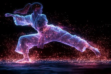 Fototapete - An abstract digital illustration of a human figure made of glowing purple particles against a dark background.