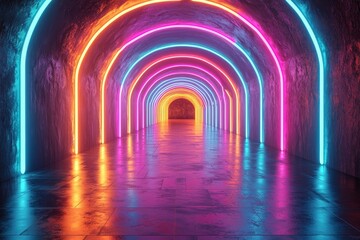 Poster - An abstract geometric tunnel with neon colors creates a futuristic and dynamic visual experience.